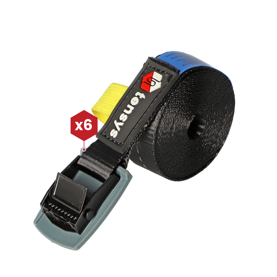 Premium Cam Buckle Straps, 25mm wide, 3m length, featuring black polyester webbing with reflective stripe and cam buckle tensioner. Pack of 6, UK manufactured.