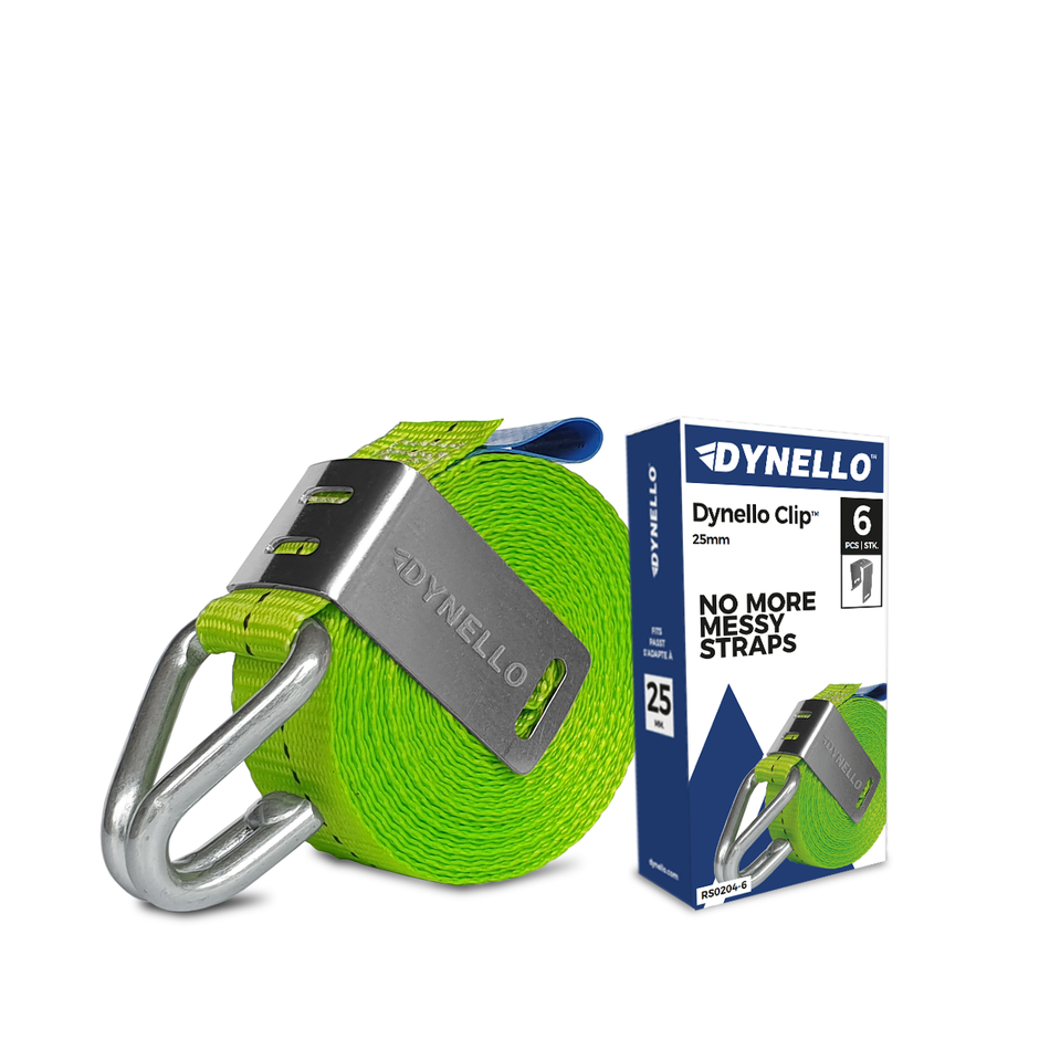 Dynello 25mm Strap Clip (6 pack) featuring a robust green strap with a metal hook, designed for secure, corrosion-resistant lashing with stainless steel clamp.