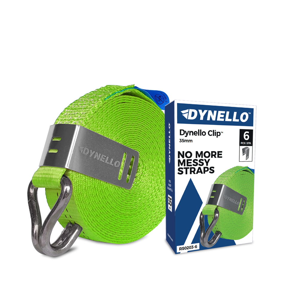 Dynello 35mm Strap Clip (6 pack) featuring a green strap with a durable stainless steel hook and buckle for secure, tidy storage of ratchet straps.