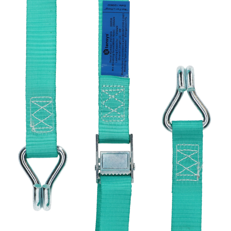 Green 25mm wide, 250kg 5m Cambuckle strap with claw hook ends, featuring metal hooks and blue label, showcasing durable polyester webbing and aluminum buckle.
