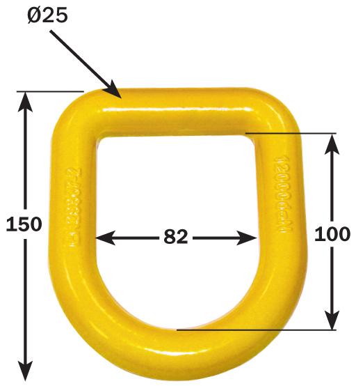 Weld On Lashing Link High Tensile Steel - 12,000kg with measurements, featuring a yellow chain and metal ring, designed for secure vehicle lashing.