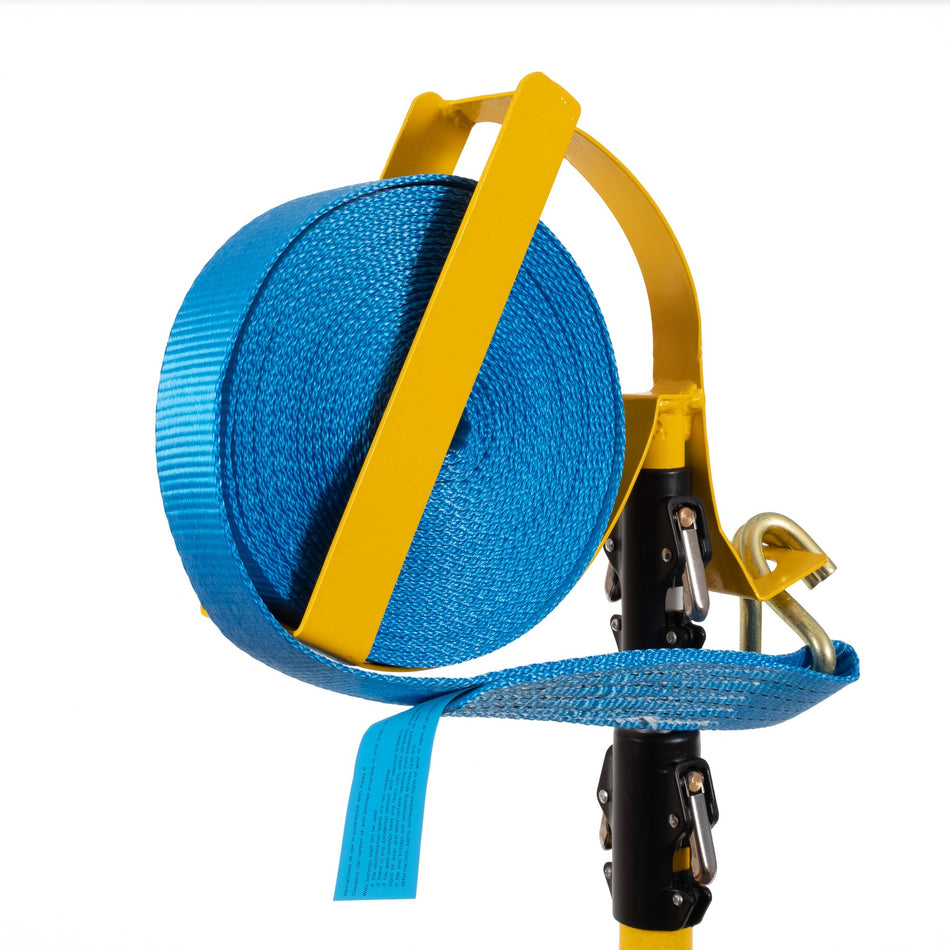 Mounty Throw Heavy Duty strap, designed for safe and efficient load securing, shown on a yellow and black pole, ideal for heavy yard use.
