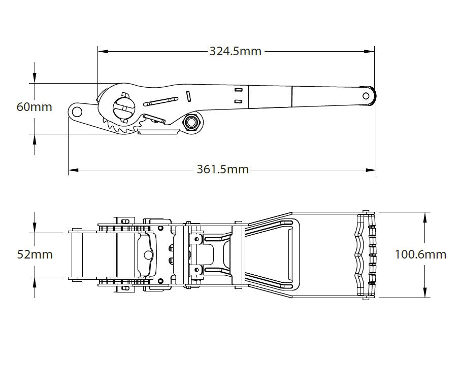 Drawing of a 5000kg Ergo Ratchet & Tail Strap with Claw Hook, showcasing the long-handled ratchet tensioner design for efficient tension application.