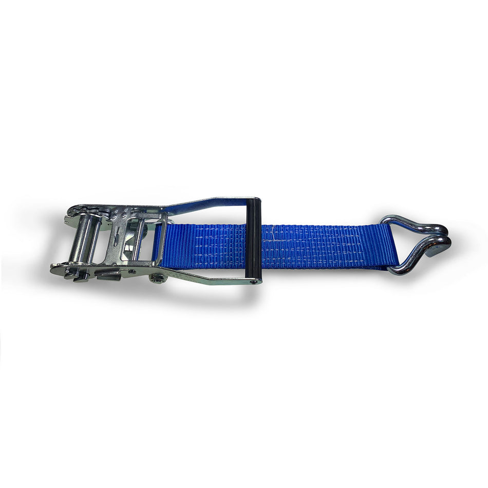 5000kg Ratchet & Tail Strap Only with Claw Hook End, featuring a blue strap, metal hook, and powerful ratchet tensioner, compliant with EN12195-2: 2001.