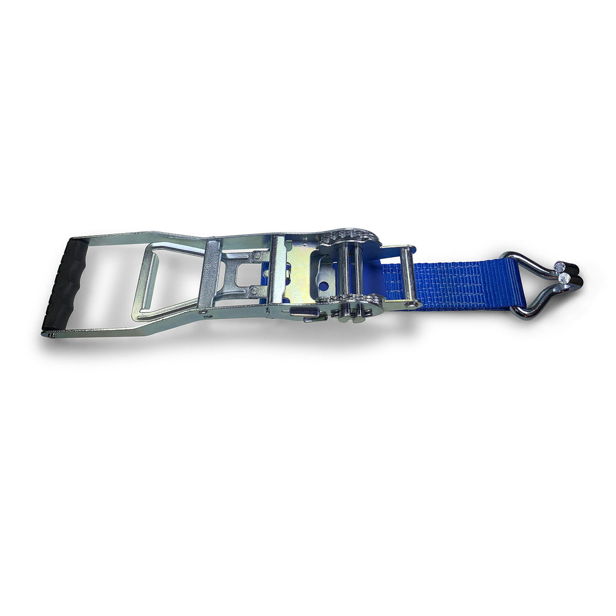 5000kg Ergo Ratchet & Tail Strap with Claw Hook End, featuring a durable metal handle and close-up of a robust belt buckle for efficient tensioning.