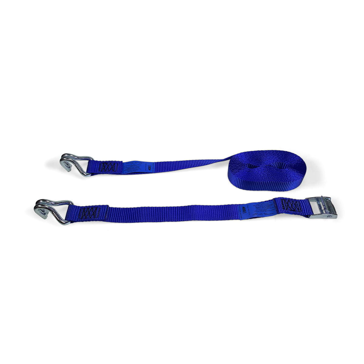 25mm Wide, 250kg 5m Max Length Cambuckle Strap with claw hook ends, featuring durable blue polyester webbing and an aluminum die-cast buckle.