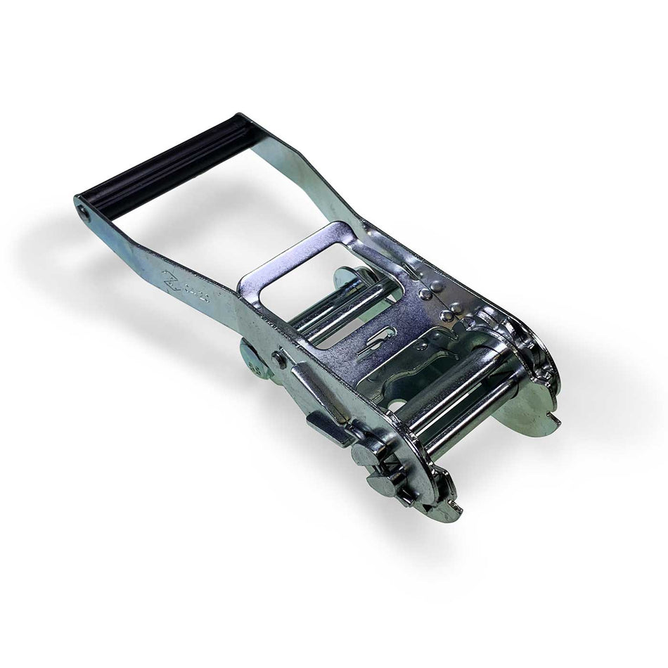 5000kg Ratchet Buckle - Long Wide Handle, featuring a black handle and metal components, designed for 50mm webbing. Ideal for heavy-duty load restraint.