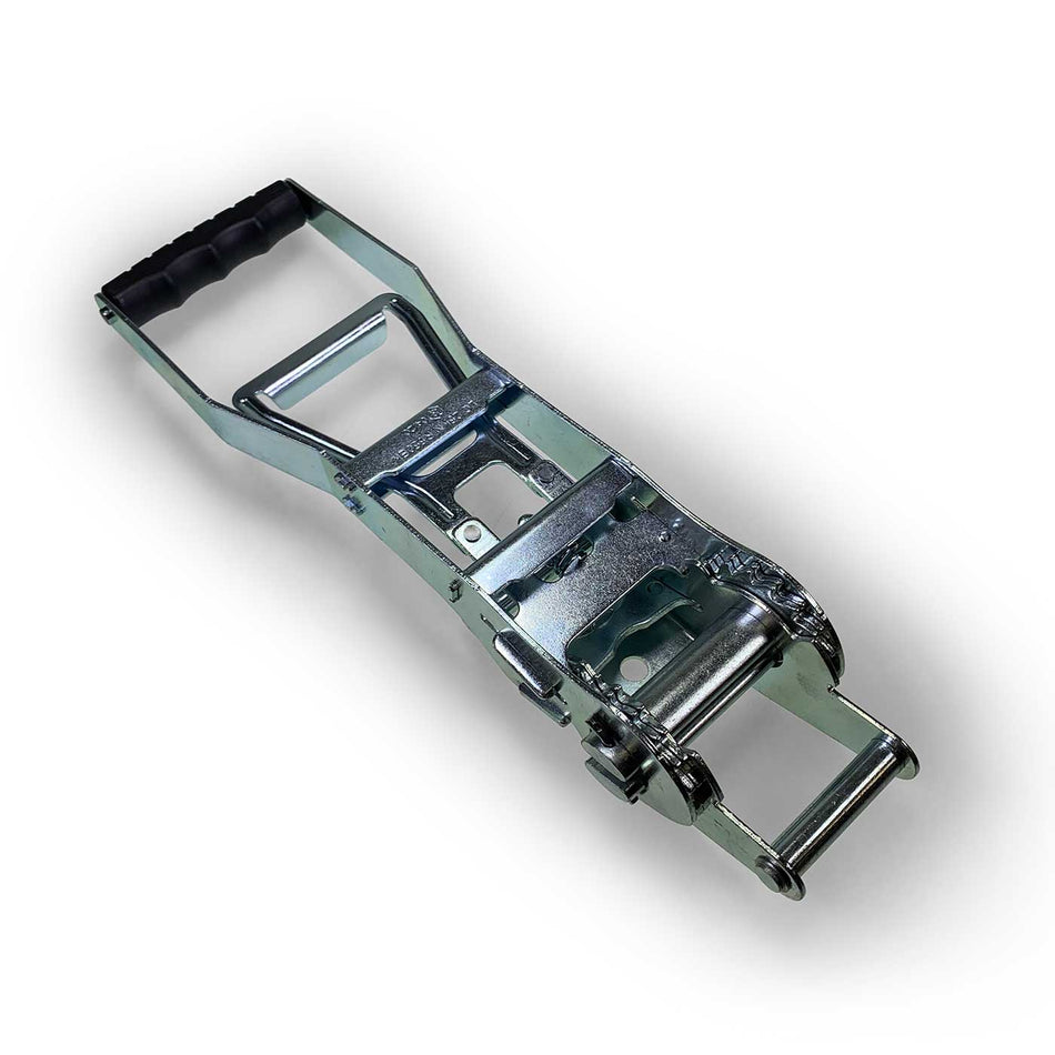 5000kg Ergo Ratchet Buckle with a long pull-down handle, designed for reduced force tensioning. Ideal for 50mm webbing, offering a double lock handle for secure use.
