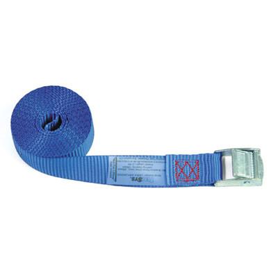 25mm Wide, 250kg 5m Max Length Cambuckle Strap with aluminum die-cast buckle, showcasing blue polyester webbing. Ideal for secure load restraint.