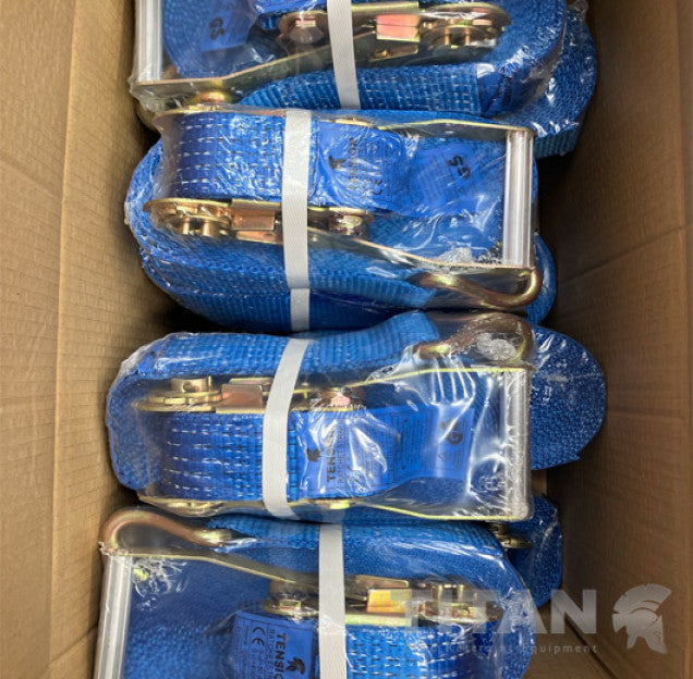 5000kg Ratchet Strap Claw Hooks 6 Metres with gold ratchet buckles, coiled in a carton, wrapped for shipping. High capacity, 50mm wide, 2500kg lashing.