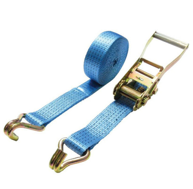 5000kg Ratchet Strap Claw Hooks, 6 Metres: Heavy-duty 50mm wide blue polyester webbing, 5000kg break force, metal S-hooks, ratcheting buckle. Fast UK delivery.