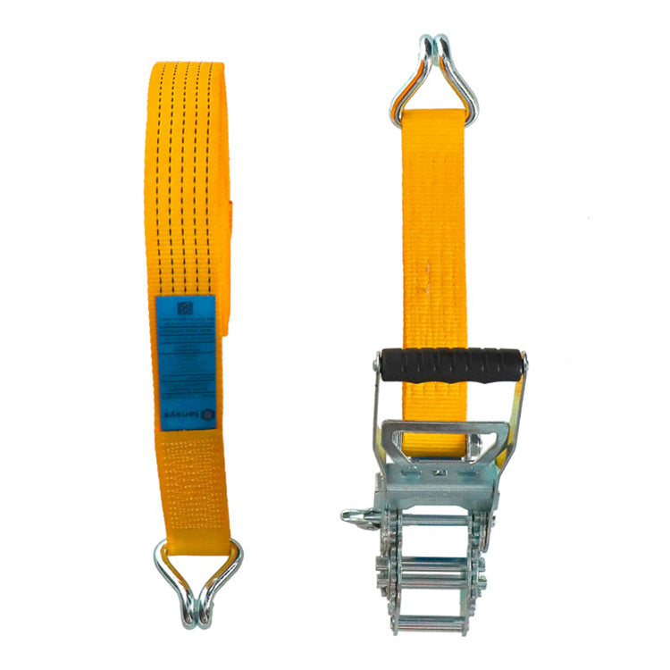 Geared Ergo Ratchet Strap STF 650daN Claw Hook, 10m, 50mm wide, 5Te capacity. Features heavy-duty polyester webbing and claw hooks, ideal for secure cargo transport.