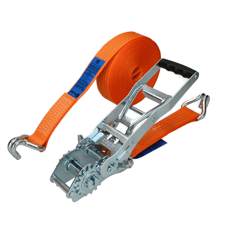 Geared Ergo Ratchet Strap STF 950daN Claw Hook, 10m length, 50mm width, 5Te capacity, featuring S-hooks and ergonomic ratchet for enhanced tensioning. Ideal for secure cargo restraint.