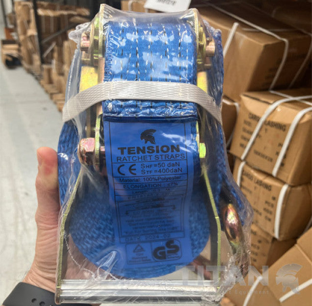 5000kg Ratchet Strap Claw Hooks 6 Metres, featuring a durable 50mm polyester webbing and robust metal ratchet mechanism, ideal for heavy-duty load securing.