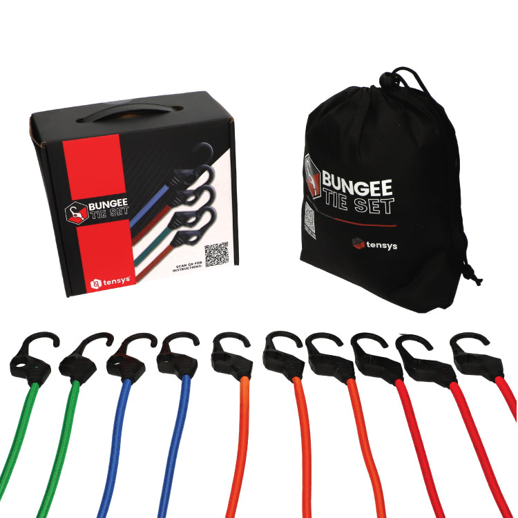 10 Pack of Bungee Cords with Hooks: Includes draw-string pouch. Sizes: 16-40, 8mm thick, 35kg strength. High-strength rubber with UV-resistant coating.