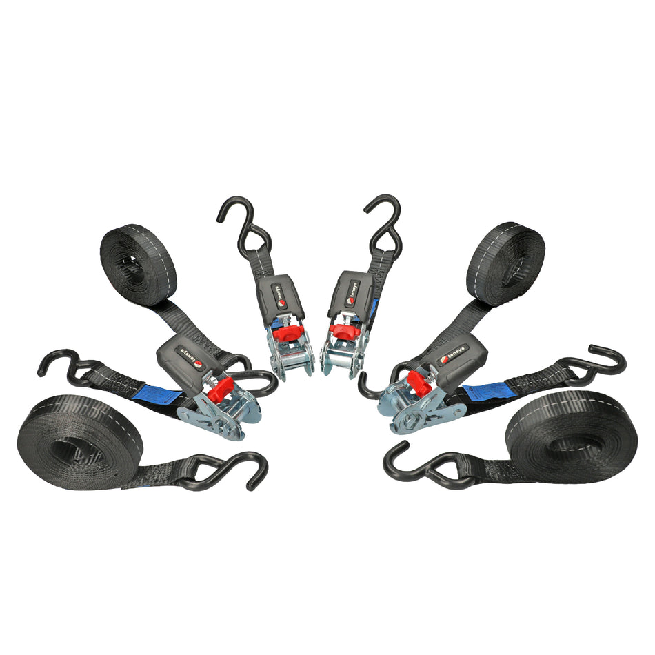 25mm wide, 800kg Premium Ratchet Strap with Soft Grip Moulded Handle and 'S' Hook Ends, showing group of straps with hooks and rolls. Pack of 4.