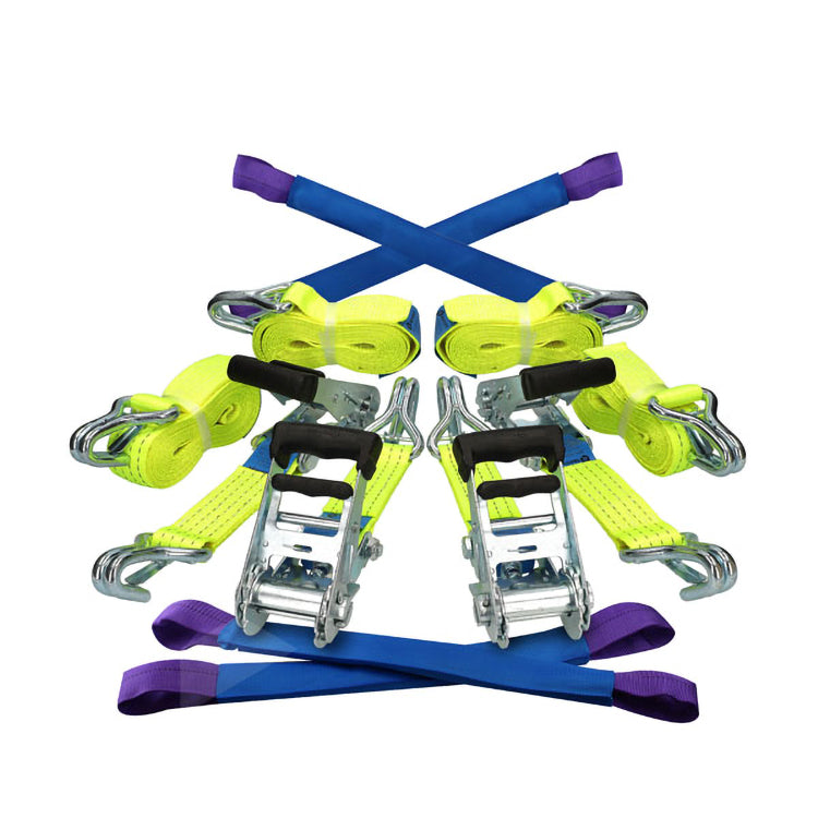4-pack Set of Premium Hi-Vis 50mm Wide Car Transporter Straps with metal ratchet mechanisms and claw hooks, ideal for securing vehicles during transport.