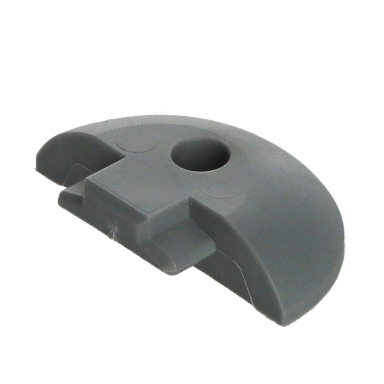 Extruded Aluminium Captive Track End Cap: Grey plastic part with a 1 x 3.2mm fixing hole, flush fitting for NTP-0530 track; ideal for rounded detailing.
