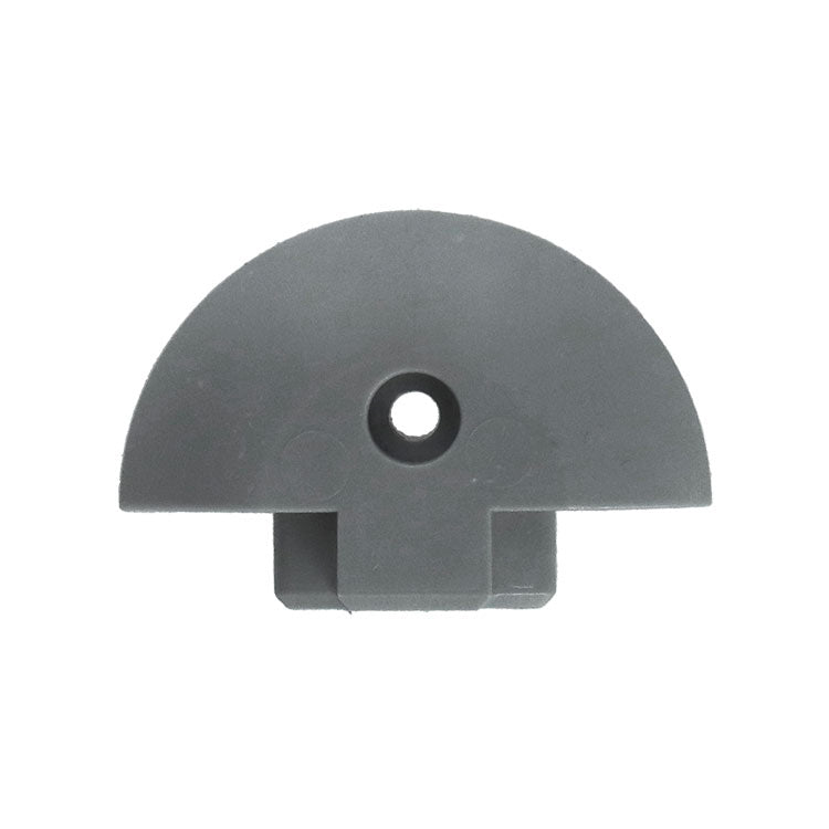 Extruded Aluminium Captive Track End Cap: a small, dark grey plastic part with a semicircular top, 3.2mm fixing hole, and flush fitting, ideal for secure mounting.