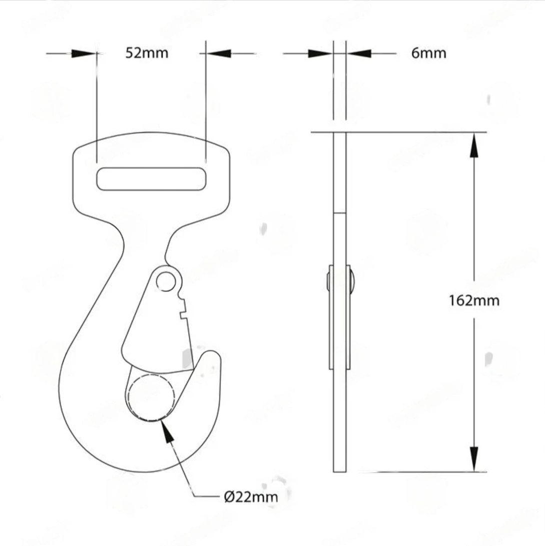 14 Metre Bay Strap - Ratchet Strap with Snaphooks & D Rings, detailed diagram showcasing hook and line features for load restraint in trailers.