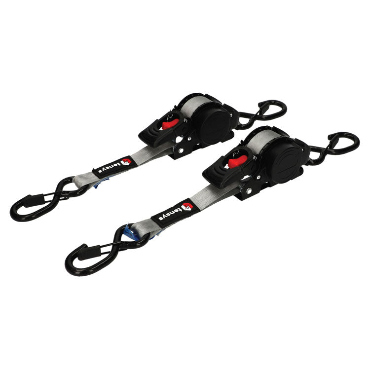 600kg 25mm Auto-Retract Ratchet Straps, Max Length 3m – 2-Pack, featuring retractable hooks for efficient, tangle-free load securing on trailers or truck beds.