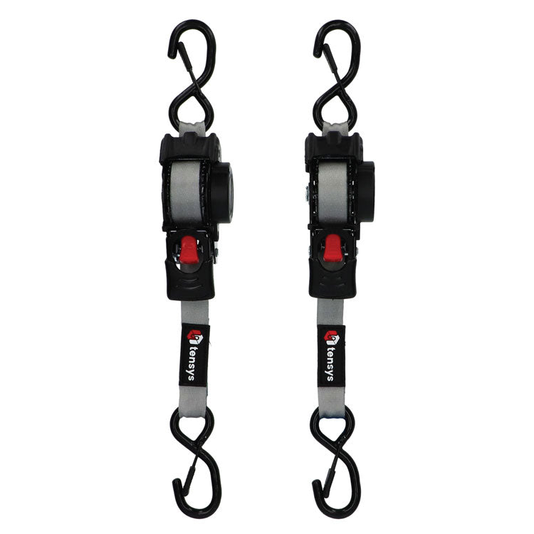 600kg 25mm Auto-Retract Ratchet Straps, Max Length 3m – 2-Pack, featuring S-hooks and self-retracting mechanism for secure, tangle-free cargo restraint. Ideal for lighter loads.