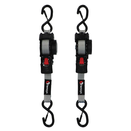 600kg 25mm Auto-Retract Ratchet Straps, Max Length 3m – 2-Pack, featuring S-hooks and self-retracting mechanism for secure, tangle-free cargo restraint. Ideal for lighter loads.