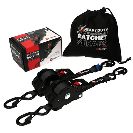 600kg 25mm Auto-Retract Ratchet Straps, Max Length 3m – 2-Pack shown with ratchet mechanisms, S-hooks, storage bag, and retail box. Ideal for quick, tidy load securing.