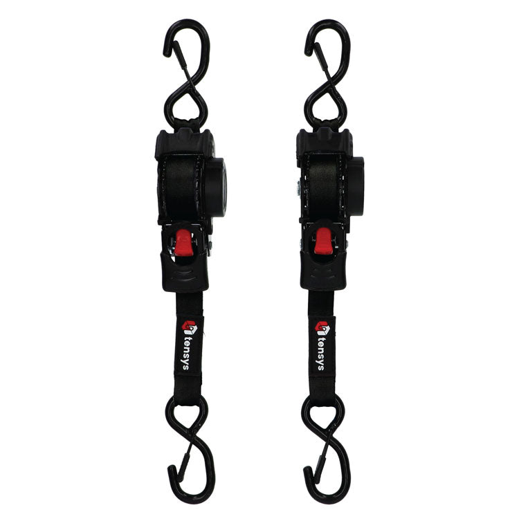 600kg 25mm Auto-Retract Ratchet Straps, Max Length 3m – 2-Pack, featuring black webbing, ratchet mechanism with red release, and S-hooks for secure cargo lashing.
