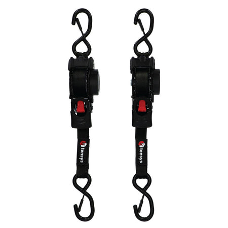 600kg 25mm Auto-Retract Ratchet Straps, Max Length 3m – 2-Pack, featuring black webbing, ratchet mechanism with red release, and S-hooks for secure cargo lashing.