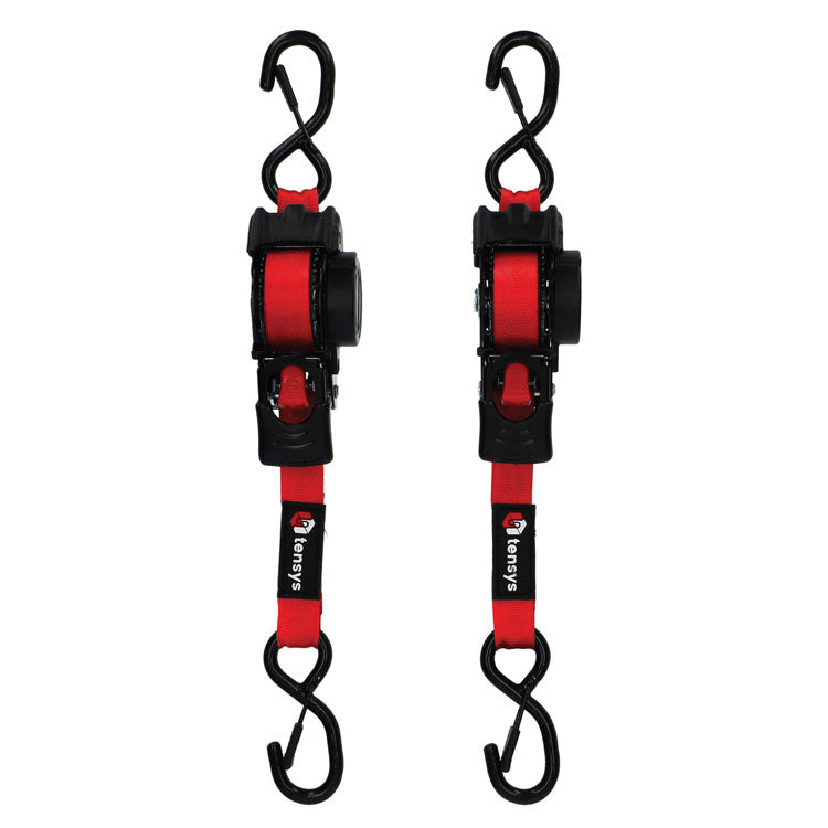 600kg 25mm Auto-Retract Ratchet Straps, Max Length 3m – 2-Pack, featuring black S-hooks and a ratcheting mechanism for efficient cargo securing. Ideal for lighter loads.
