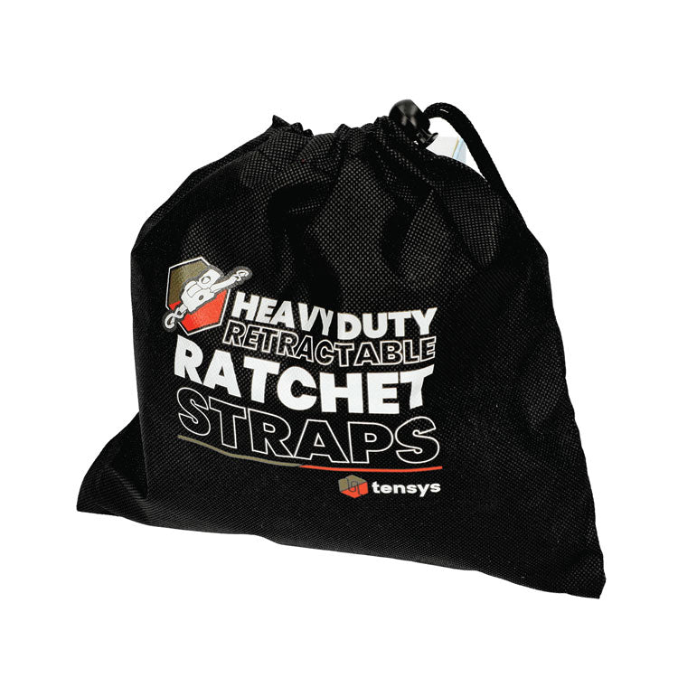 Black drawstring pouch featuring Heavy Duty Retractable Ratchet Straps by tensys, designed for a 2-pack of 600kg, 25mm auto-retract ratchet straps, max length 3m.