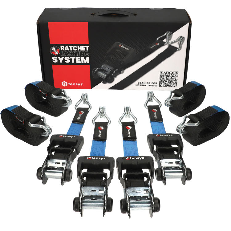 4 Pack Premium Tie Down Straps with padded handles, 6m long, 35mm wide, 2,000kg max break strength, includes ratchet buckles, webbing, and hooks for cargo securing.