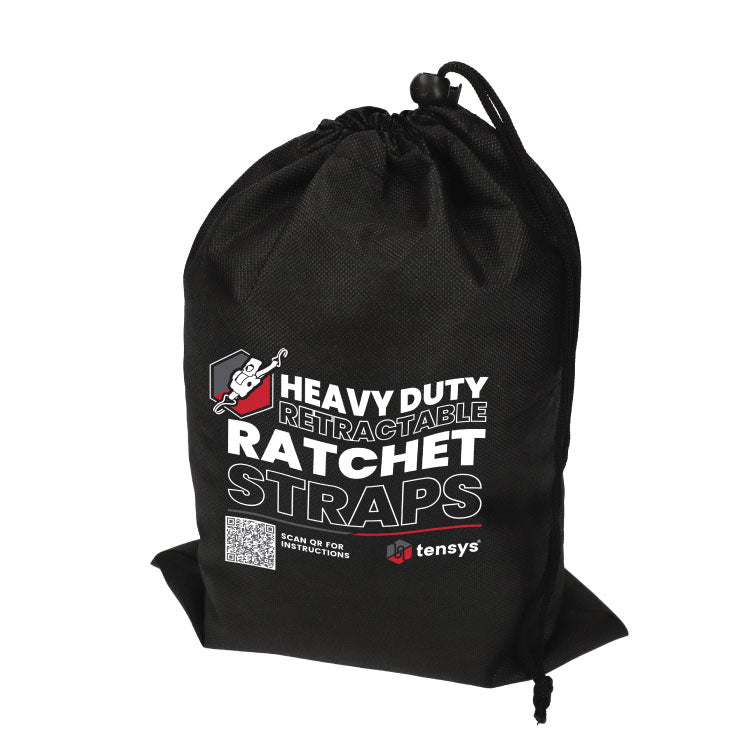 50mm Retractable Ratchet Straps, 3m max length – Heavy Duty (2-Pack) in a branded black draw-string bag, featuring auto-retracting mechanism and 1500kg breaking strength.