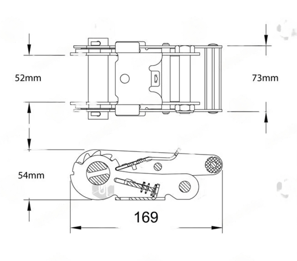 Diagram of the 14 Metre Bay Strap, featuring 'D' Rings every 500mm and flat snaphook end fittings, used for internal load restraint in trailers.