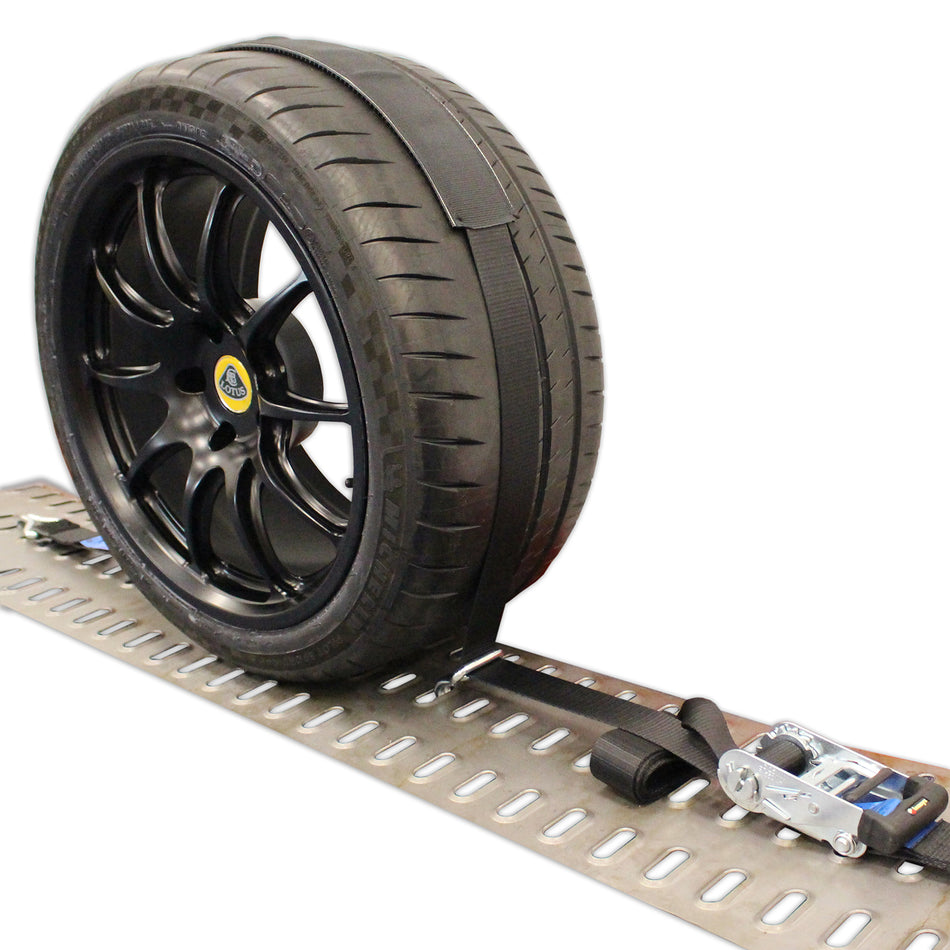 Premium Car Transporter/Recovery Strap with Tyre Sleeve, featuring ratchet system and claw hooks, displayed with a tire for illustration. Pack of 4, UK made.