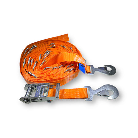 14 Metre Bay Strap - Ratchet Strap with Snaphooks and D Rings, showcasing close-up of orange webbing and metal snaphook, designed for secure load restraint in trailers.