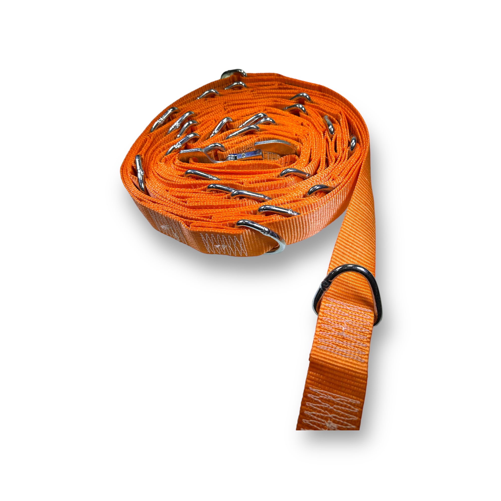 14 Metre Bay Strap with ratchet, snaphooks, and D Rings every 500mm, designed for internal load restraint, visible as a roll with metal hooks.