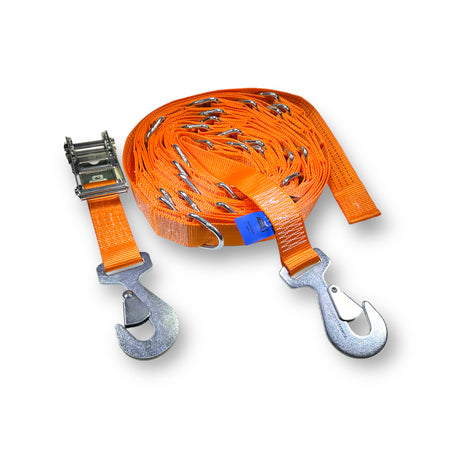 14 Metre Bay Strap featuring snaphooks and D rings, close-up of orange strap with metal hooks and blue label, ideal for internal load restraint.
