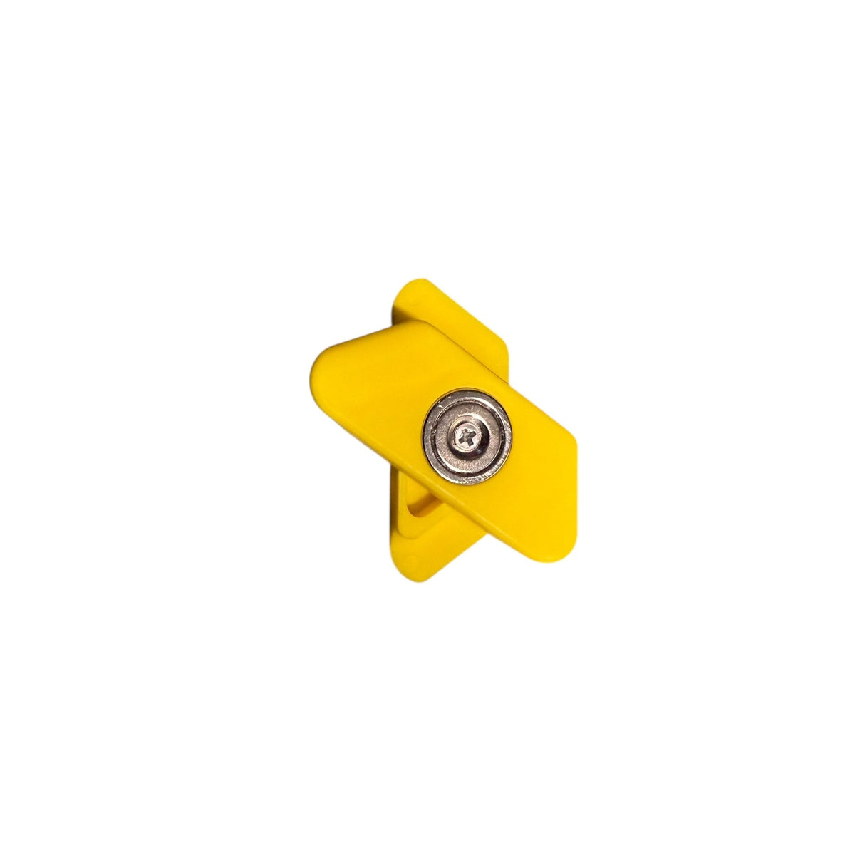 Ratchet Strap Magnetic Application Aid: Yellow plastic corner-clamp bracket with pivoting L-shaped pieces, designed to secure wire claw hooks on 50mm ratchet straps.