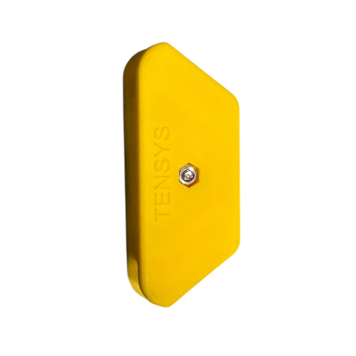 Ratchet Strap Magnetic Application Aid: Bright-yellow TENSYS casing with central metal fitting, designed to hold wire claw hooks in place, enhancing lorry loading efficiency.