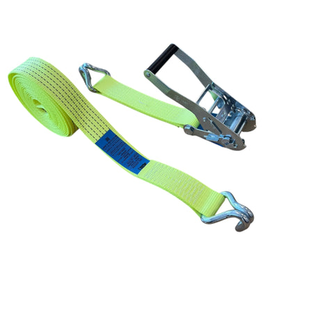 High-Visibility 50mm Ratchet Strap with Claw Hooks – 10m | 5000kg. Features strong claw hooks, durable webbing, and secure ratchet mechanism for heavy-duty cargo securing.