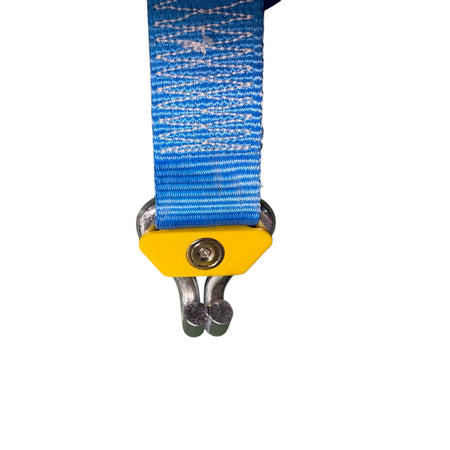 Close-up of the Ratchet Strap Magnetic Application Aid with a blue webbing, yellow cam-buckle, and double-prong hook, designed to secure loads efficiently.
