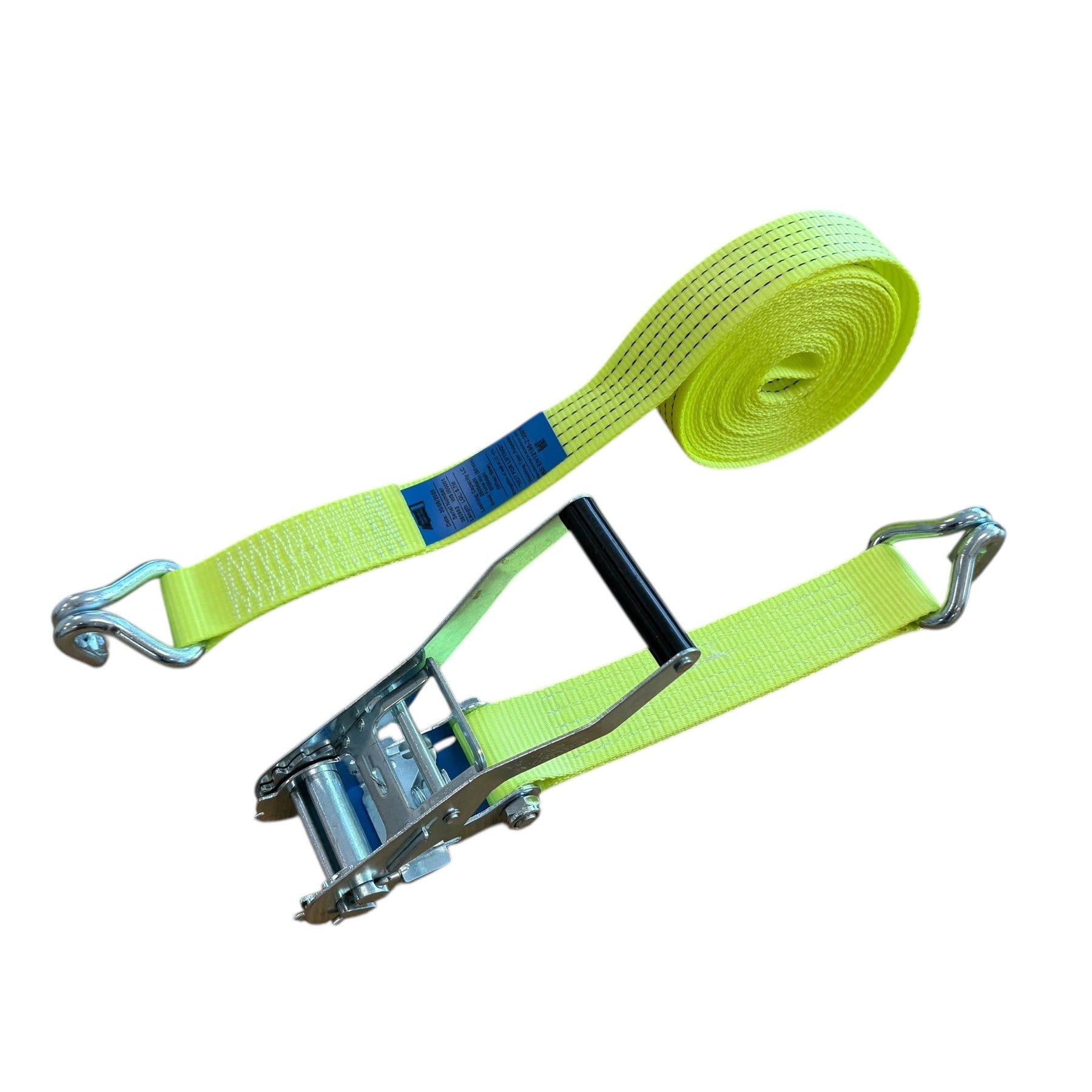 High-Visibility 50mm Ratchet Strap with Claw Hooks – 10m | 5000kg, ideal for securing heavy loads. Features luminous yellow webbing and robust claw hooks.