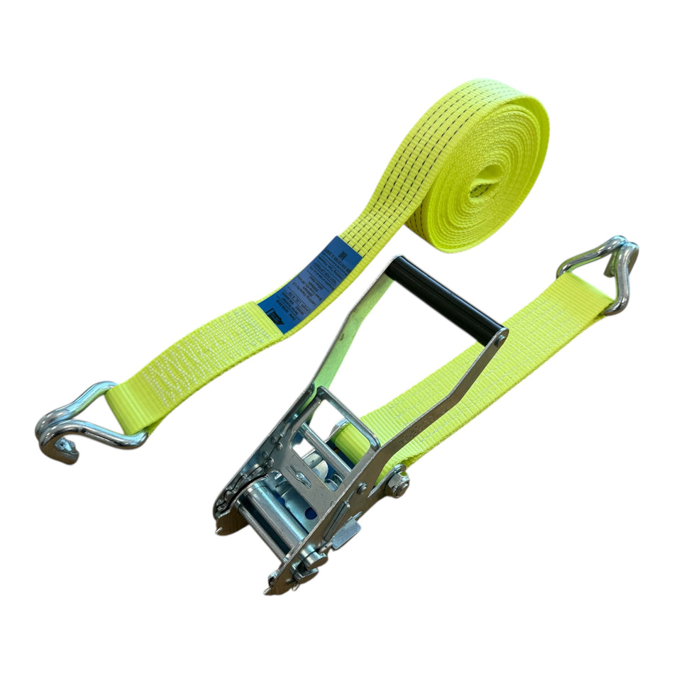 High-Visibility 50mm Ratchet Strap with Claw Hooks – 10m, 5000kg; features durable polyester, strong ratchet, and claw hooks for secure, visible cargo restraint.