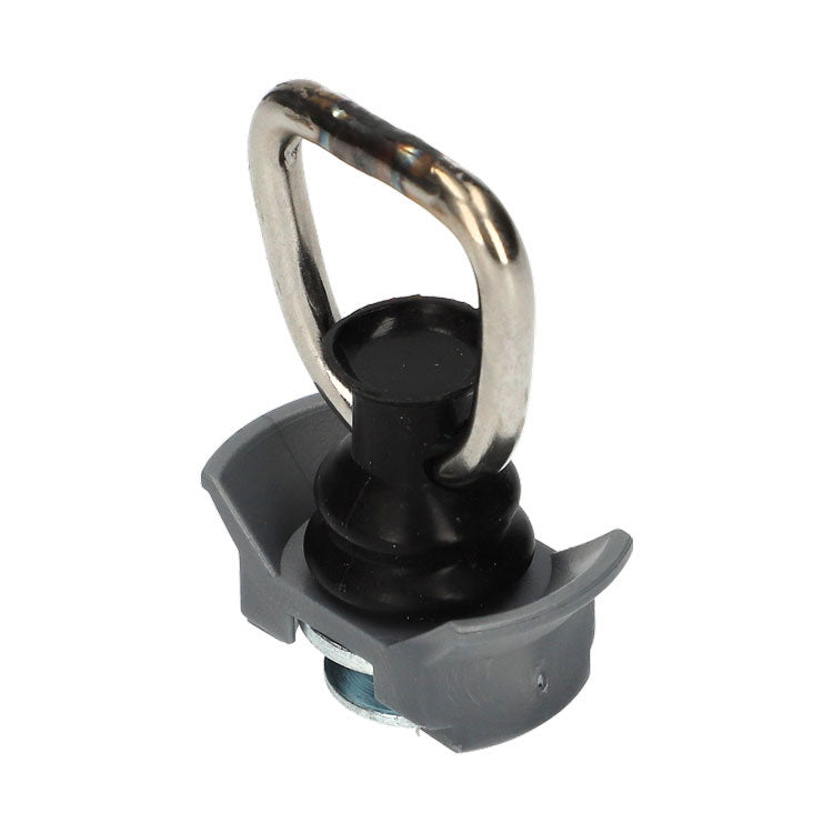 25mm 1600daN Single Stud Fitting for Aluminium Captive Track; grey plastic body, stainless steel ring, fits 25mm webbing, 800daN capacity, ensures secure fastening.