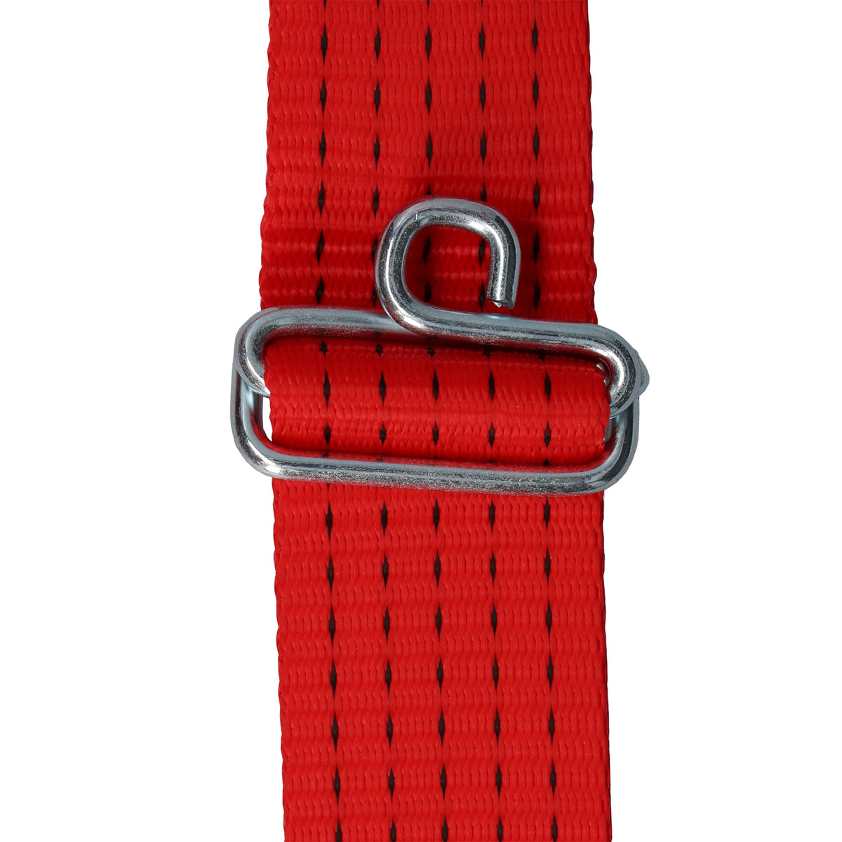 Strap Slide Adjuster with metal hook, designed for connecting roof-mounted bungee systems, shown close-up highlighting its adjustability and robust construction.