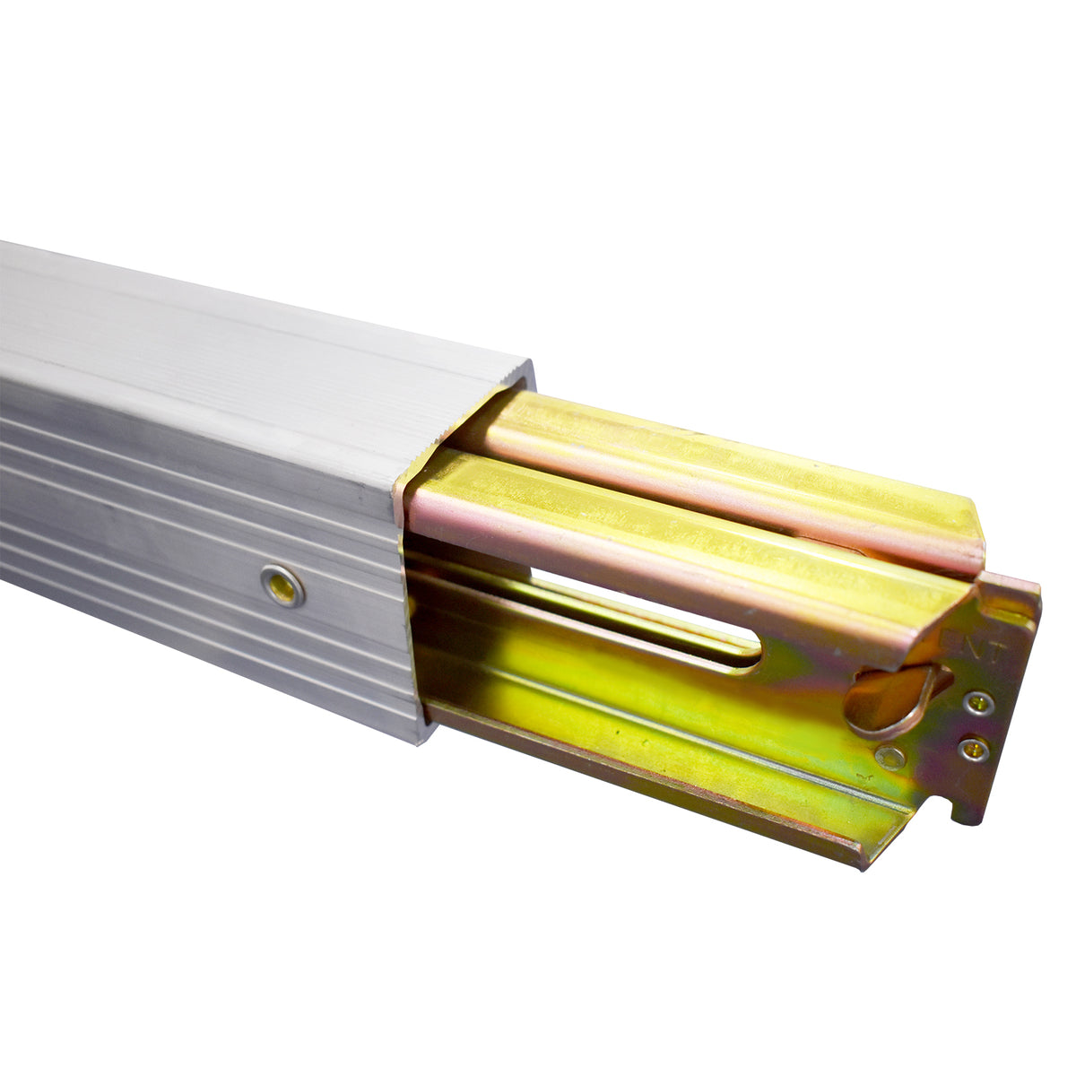 Aluminium Decking Beam for E-Track, showing close-up of heavy-duty design with patented flat latch release mechanism, suitable for 2.3-2.6m adjustable range.
