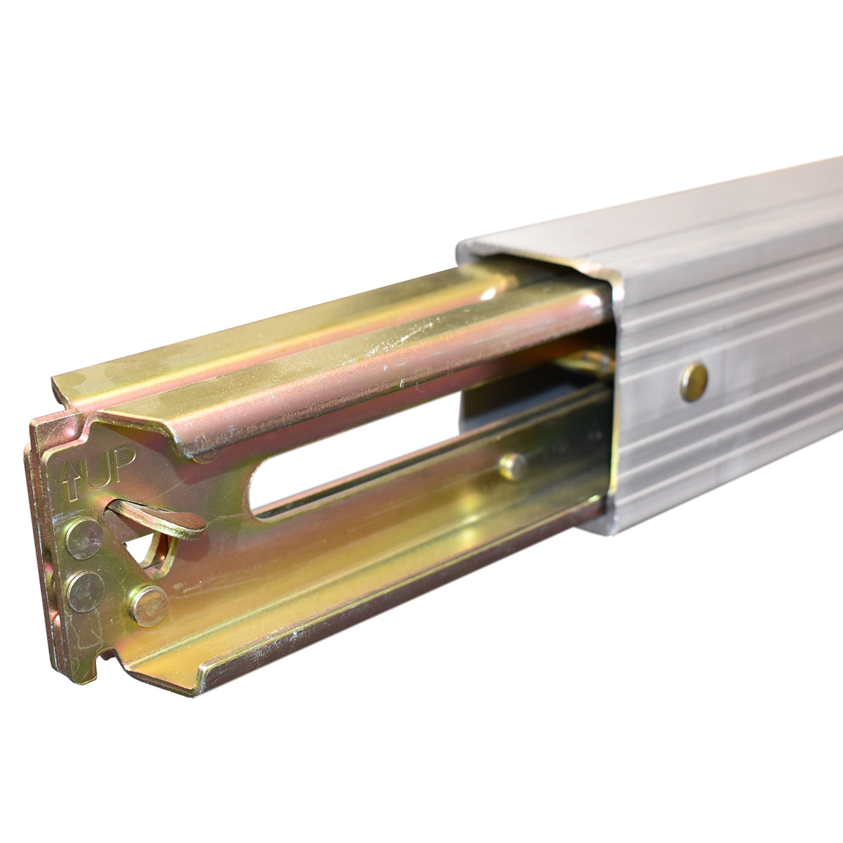 Aluminium Decking Beam for E-Track (2.3-2.6m) with patented flat latch mechanism, ideal for heavy-duty load support, features ridged anti-slip surface and protected latch release.
