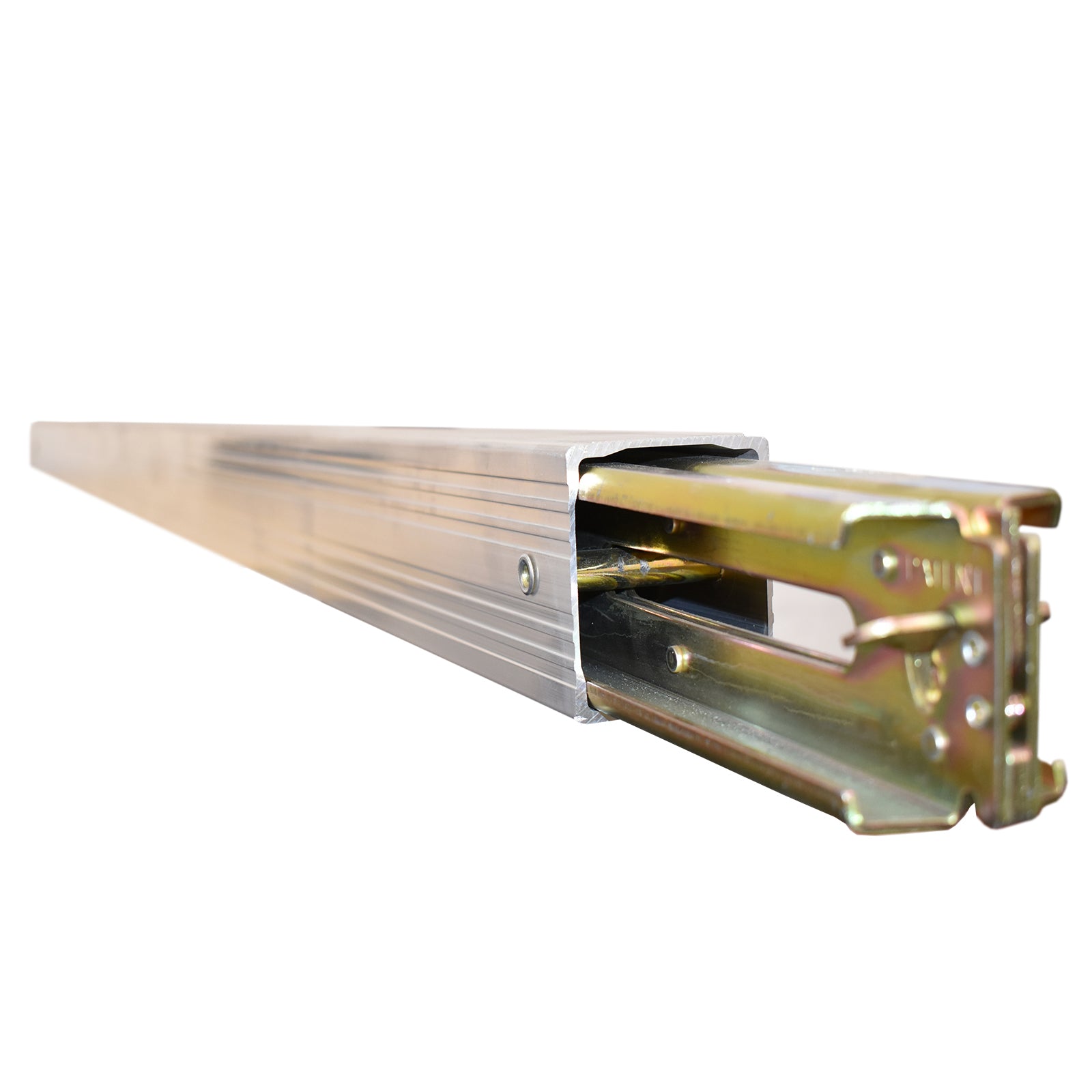 Aluminium Decking Beam for E-Track, featuring adjustable length, ridged anti-slip surface, and patented latch within steel section for heavy-duty applications.
